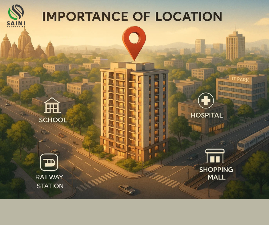 A premium apartment project by Saini Properties located at the center of a vibrant cityscape. Icons highlight nearby schools, hospitals, metro stations, and shopping malls, with a red location pin emphasizing the prime location.