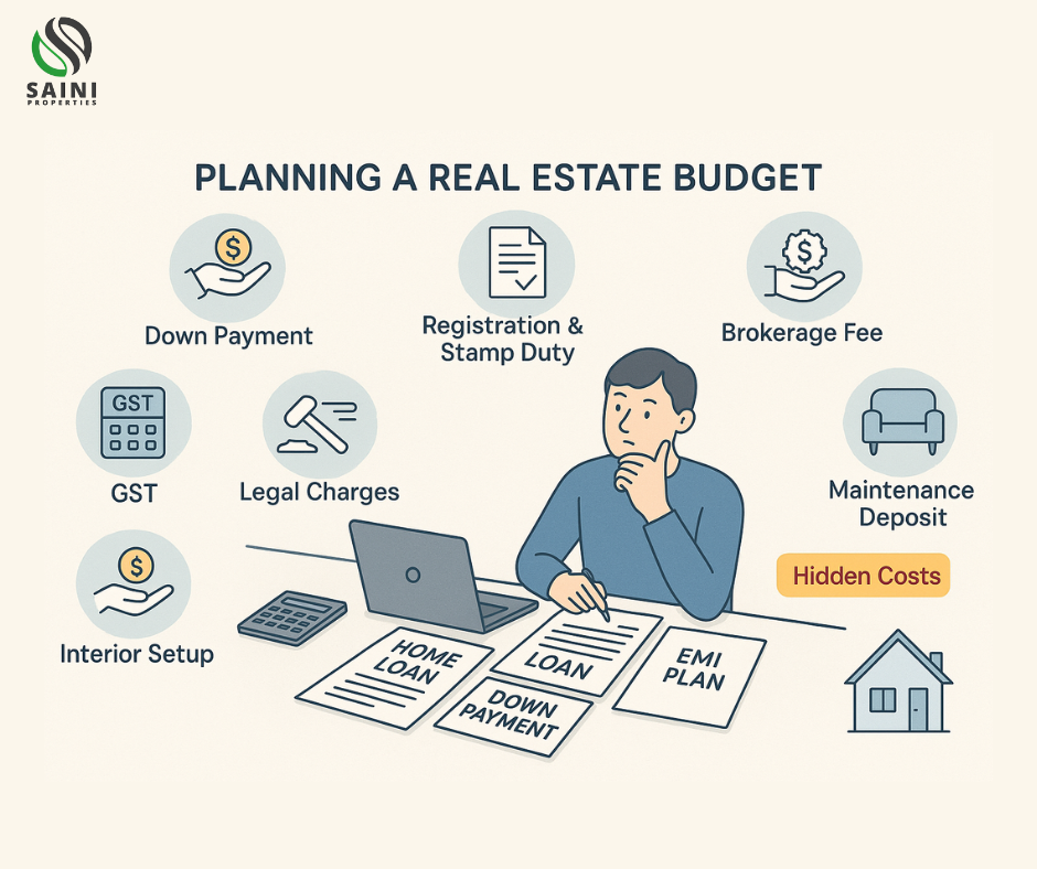 An infographic showing a homebuyer at a desk calculating real estate costs, surrounded by icons for down payment, registration fees, GST, maintenance, and hidden charges. Financial planning guidance by Saini Properties.