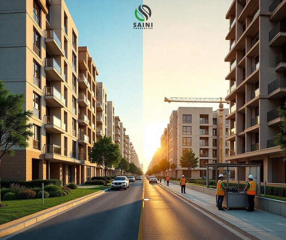 A split-screen image comparing two property types. The left side shows a fully developed apartment complex with residents, greenery, and a 'Ready to Move' sign. The right side shows an under-construction site with cranes, scaffolding, and a board reading 'Possession in 2026'. Created by Saini Properties to help buyers understand the difference.