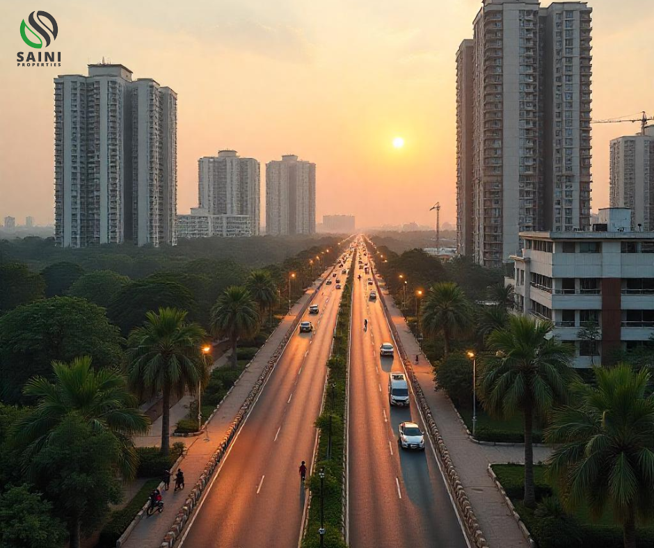 A panoramic view of Bhubaneswar’s modern real estate development, showcasing luxury apartments, commercial buildings, and green spaces. Traditional temples are visible in the distance. Developed and promoted by Saini Properties.