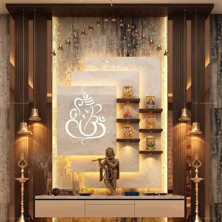 Illustration by Saini Properties Bhubaneswar showing Vaastu-recommended placement of the pooja room in the North-East corner for spiritual energy and positivity.